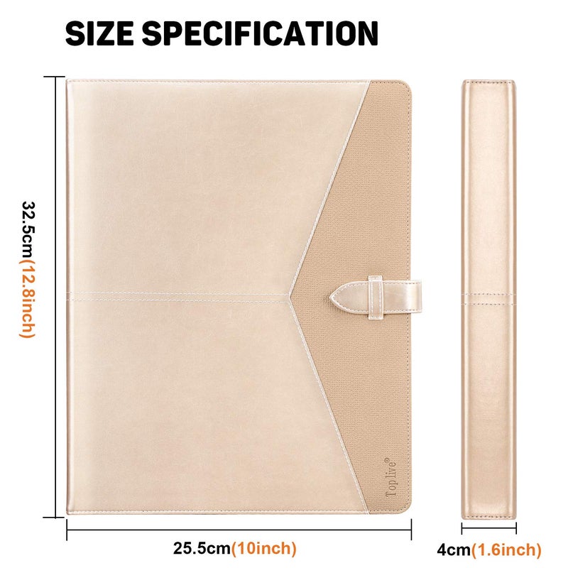 Toplive Padfolio 3 Ring Binder Organizer Business Portfolio Folder for Women, A4/ Letter Size PU Leather Portfolio Padfolio for Interview Conference Presentation, Gold - Image 3